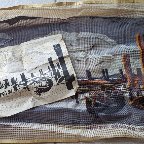 Crewel Needlepoint Vintage Horizon Designs Boat Harbor Canvas Started 1979 - Picture 2 of 9